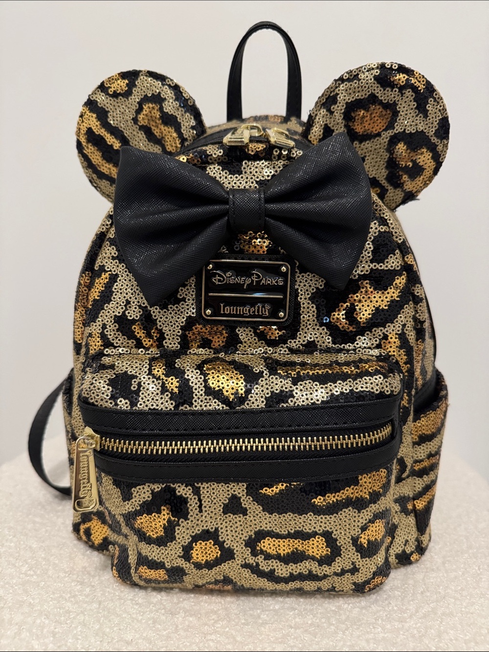 Loungefly Disney Parks Leopard Sequin Minnie Backpack in Gold and Black